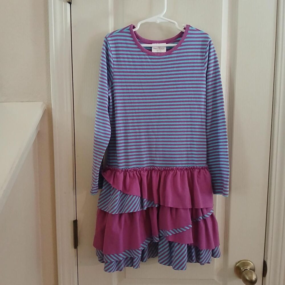 Hanna Andersson Vibrant Ruffle It Up Tiered Blue & Purple Striped Dress Girls 8